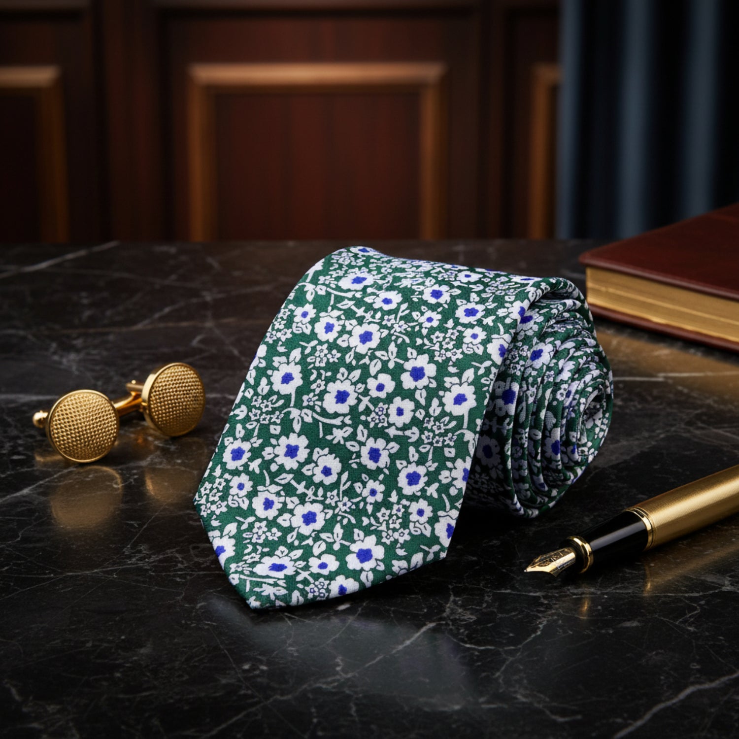 Green, White, Blue Flowers Tie