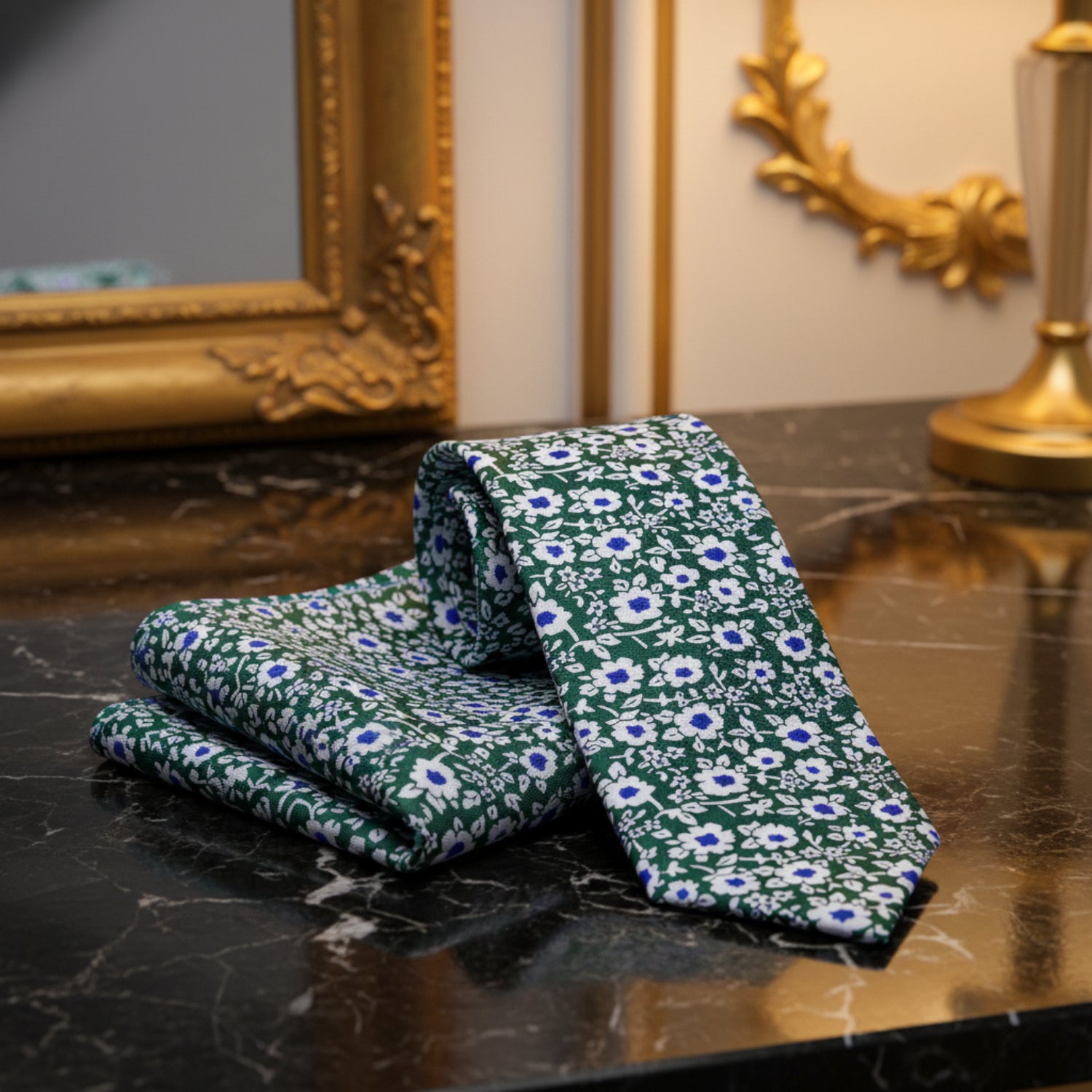Alt View: Green, White, Blue Flowers Tie with Matching Pocket Square