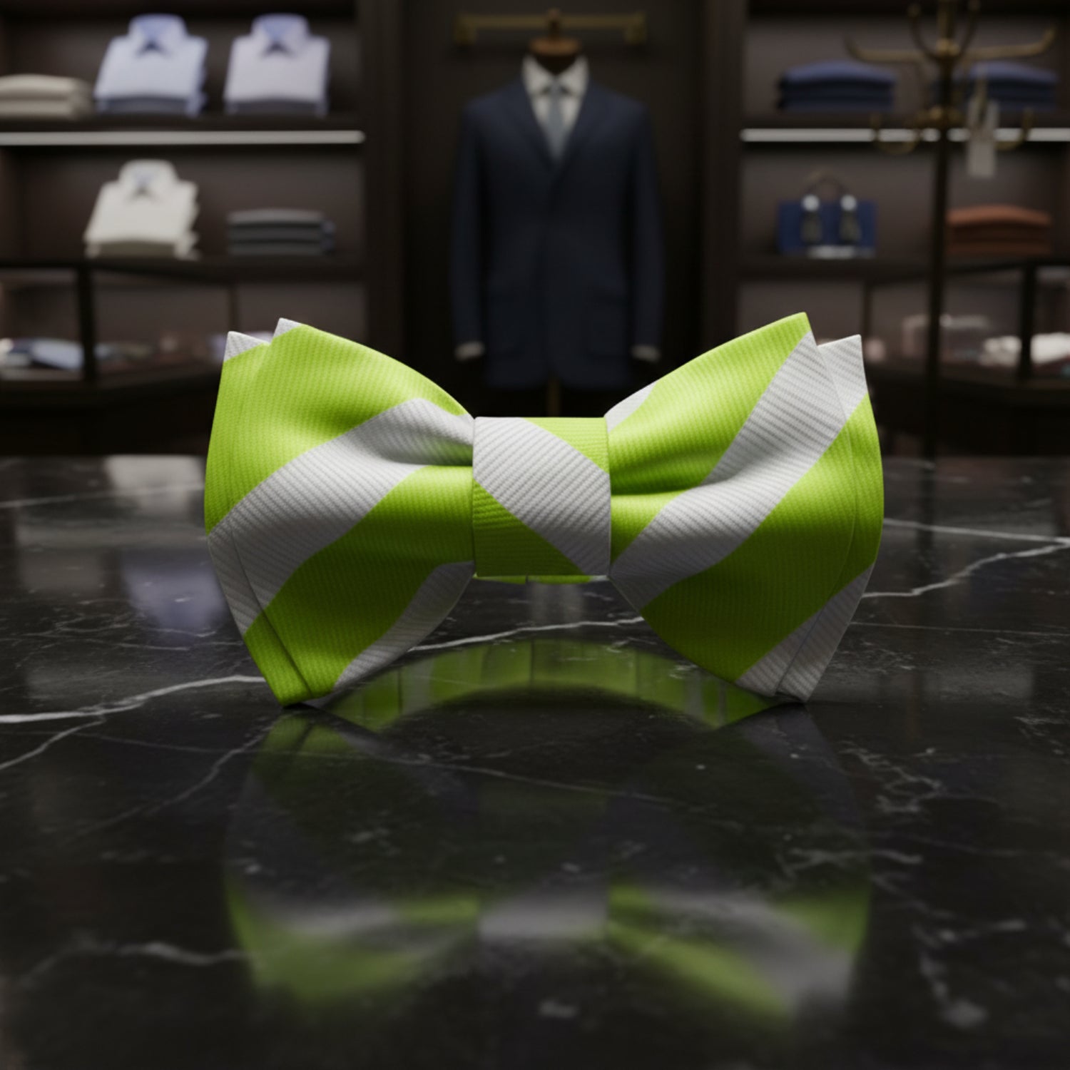 A White, Lime Green Stripe Pattern Silk Self Tie Bow Tie, Matching Pocket Square