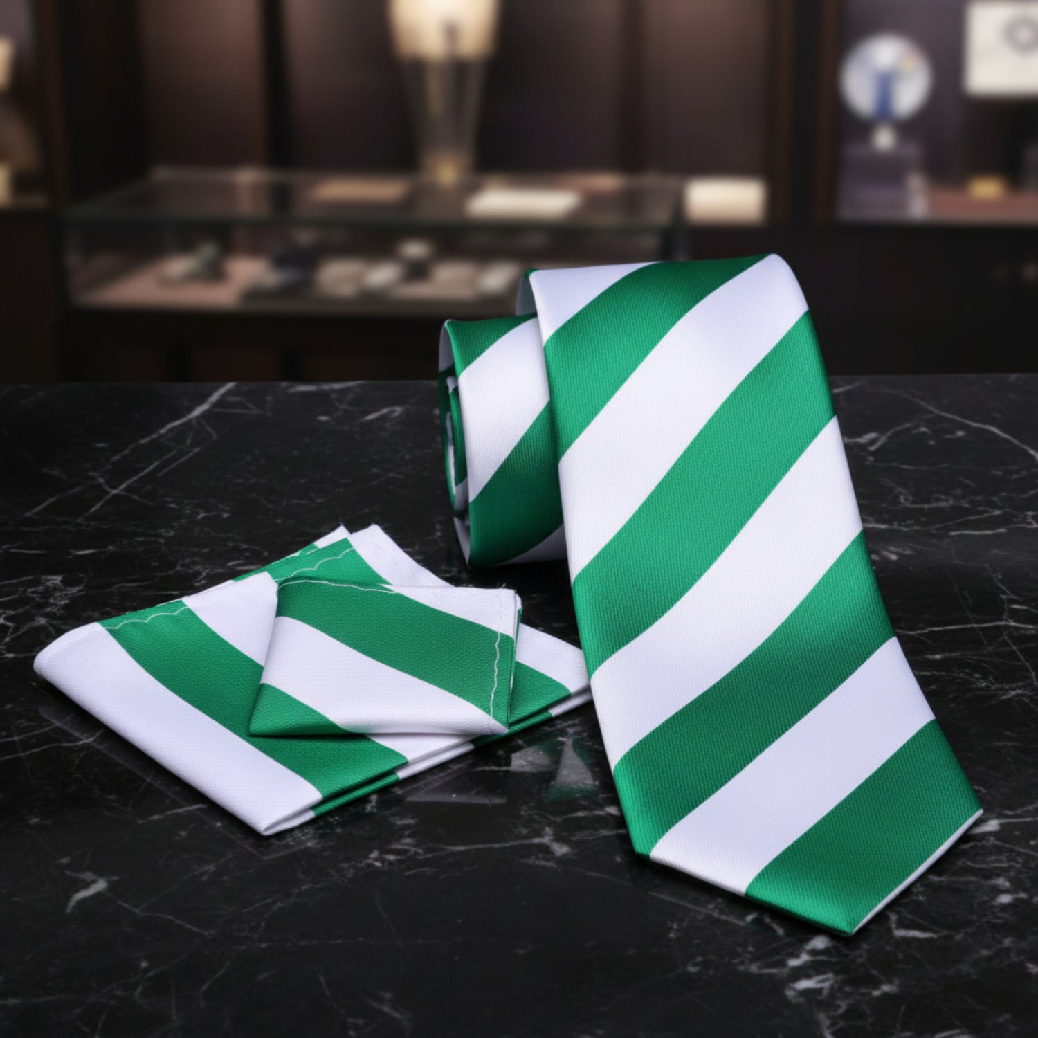 View 2: Green, White Block Stripe Tie and Square