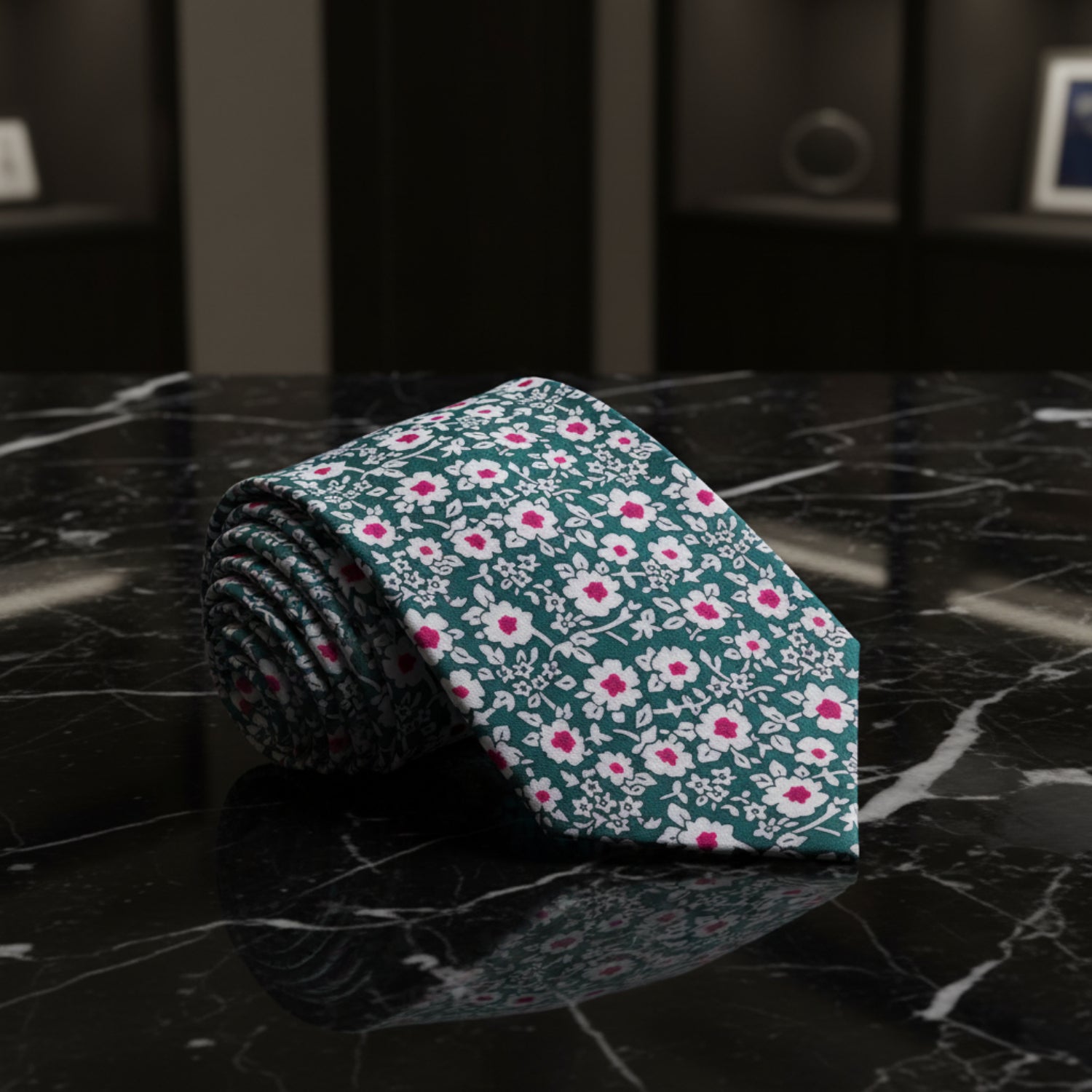 Green, White, Pink Small Flowers Necktie  