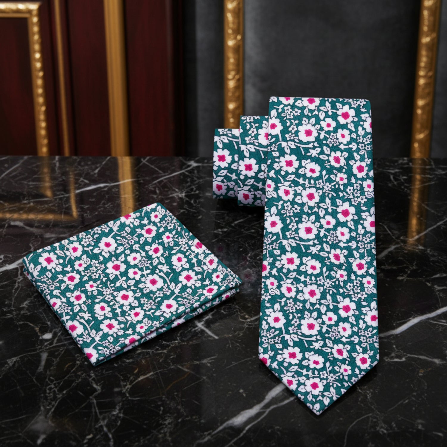 Alt View: Green, White, Pink Small Flowers Necktie and Matching Paisley Square