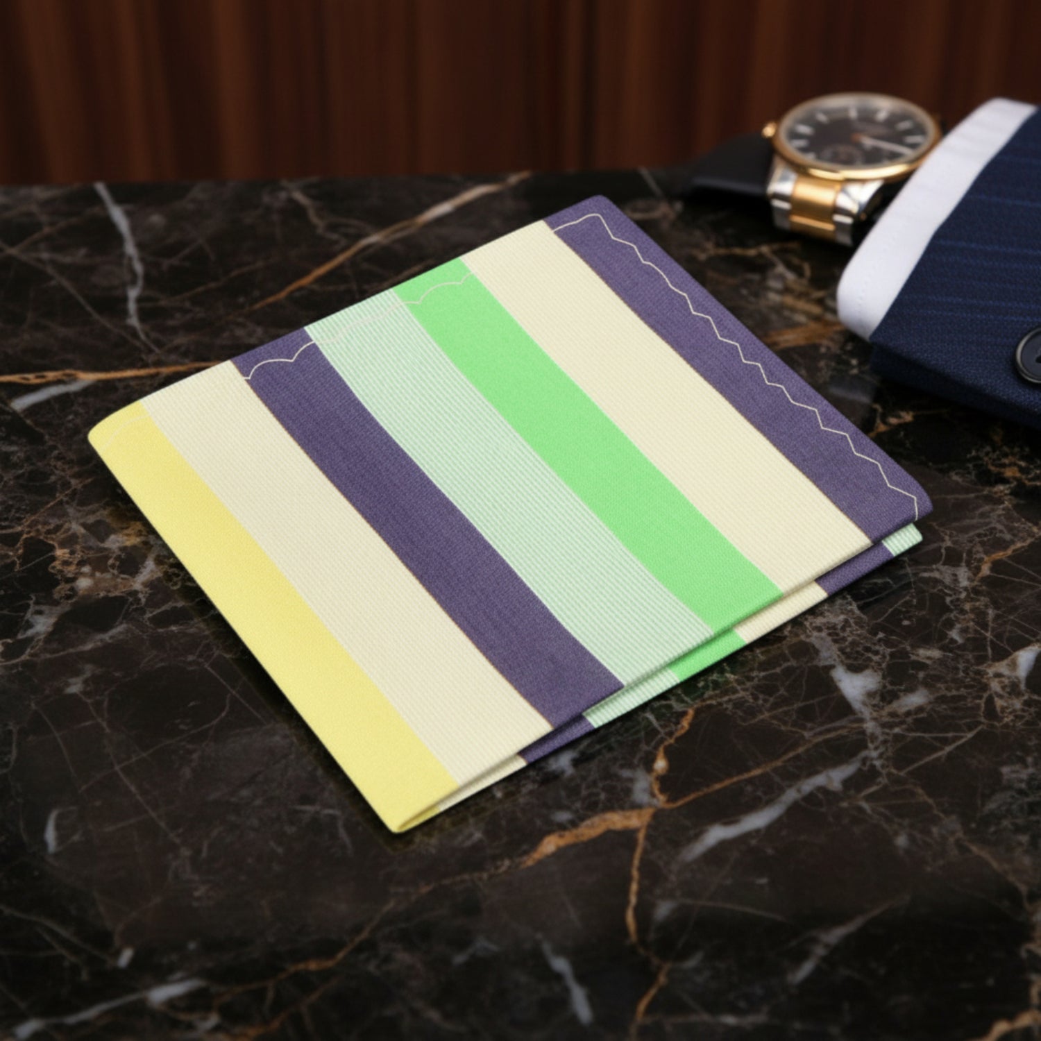 Green, Yellow and Grey Stripe Pocket Square