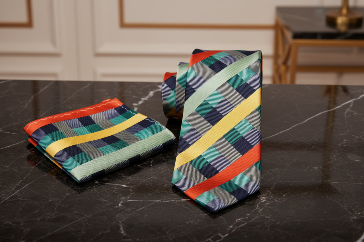 Alt View: Green, Yellow, Orange Check Tie and Pocket Square