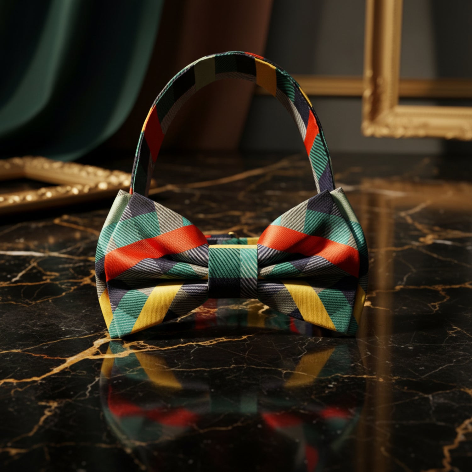 Green, Yellow, Orange Plaid Bow Tie Pre Tied