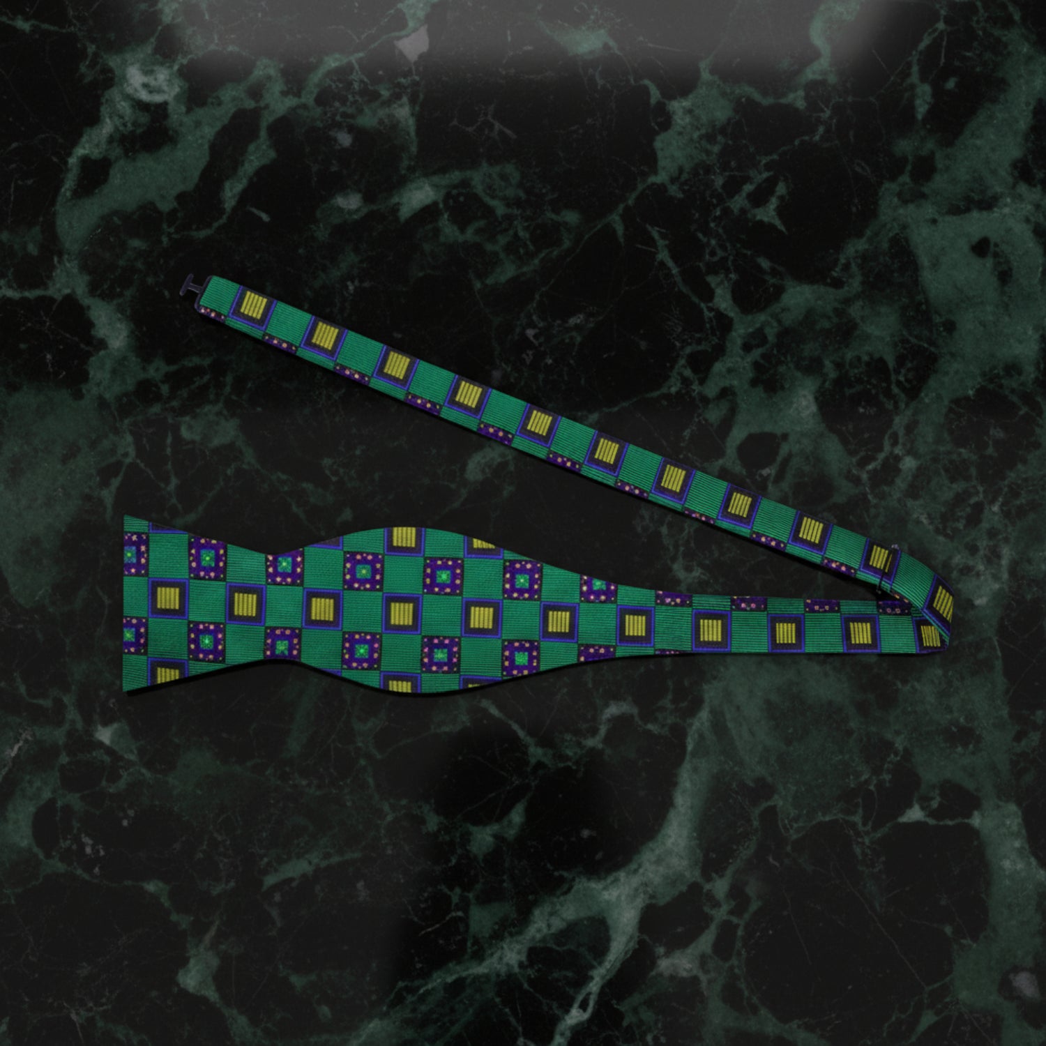A Green, Yellow Geometric Squares Pattern Self Tie Bow Tie Untied