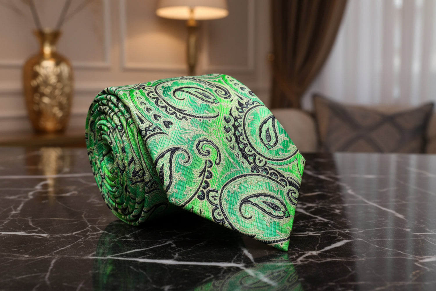 A Bright Green, Black Paisley Pattern Necktie 