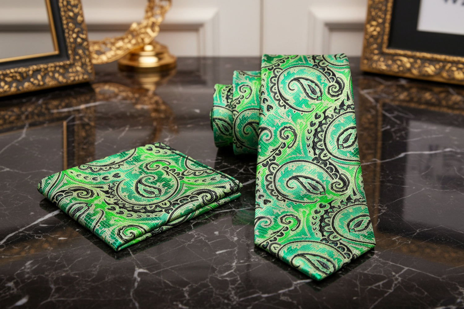 Alt View: A Bright Green, Black Paisley Pattern Necktie, Matching Pocket Square