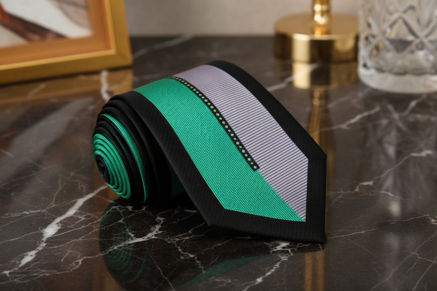 Green, Silver, Black Geometric Tie