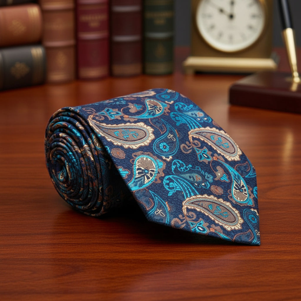 A Rich Green, Brown, Tan Paisley Pattern Silk Necktie||Green, Tan, Brown