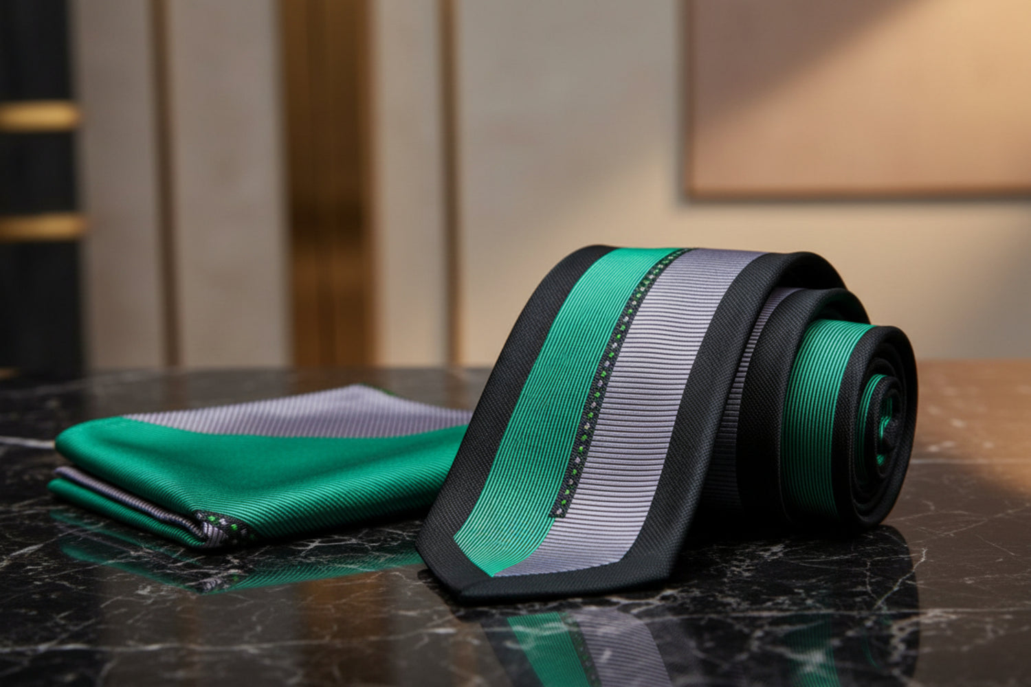 Alt View: Green, Silver, Black Geometric Tie and Pocket Square