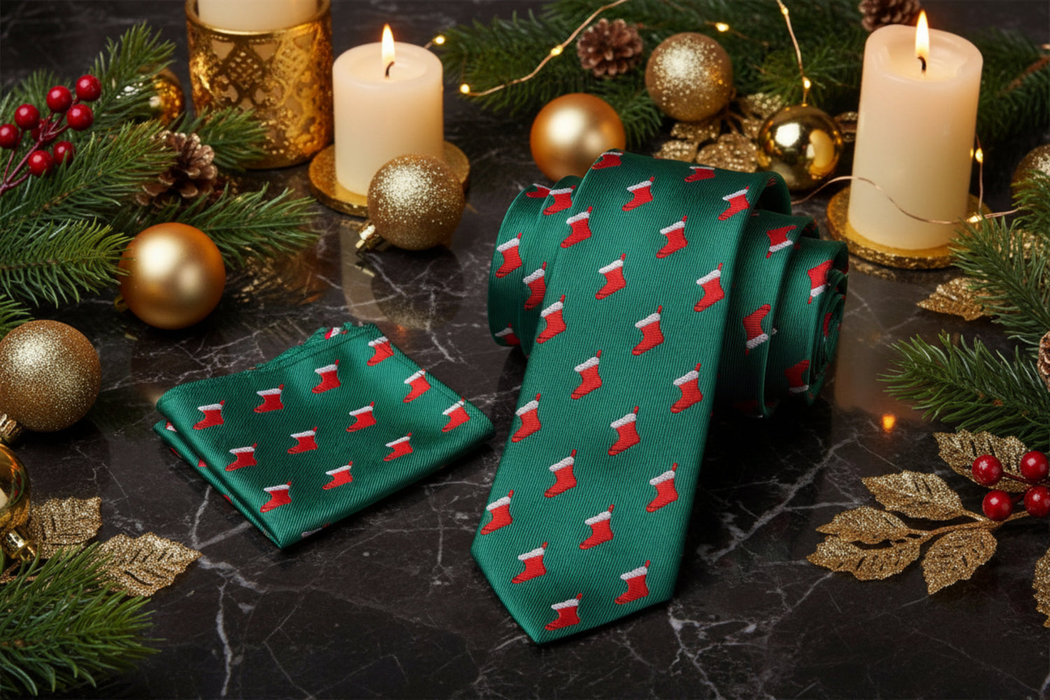 Alt View: Green Red Christmas Stocking Tie and Pocket Square