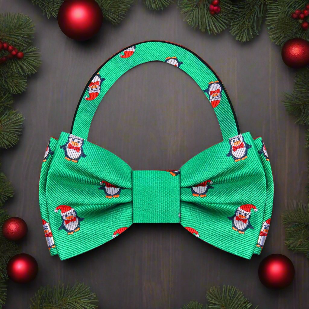 Green and Red Christmas Penguins Bow Tie Pre tied