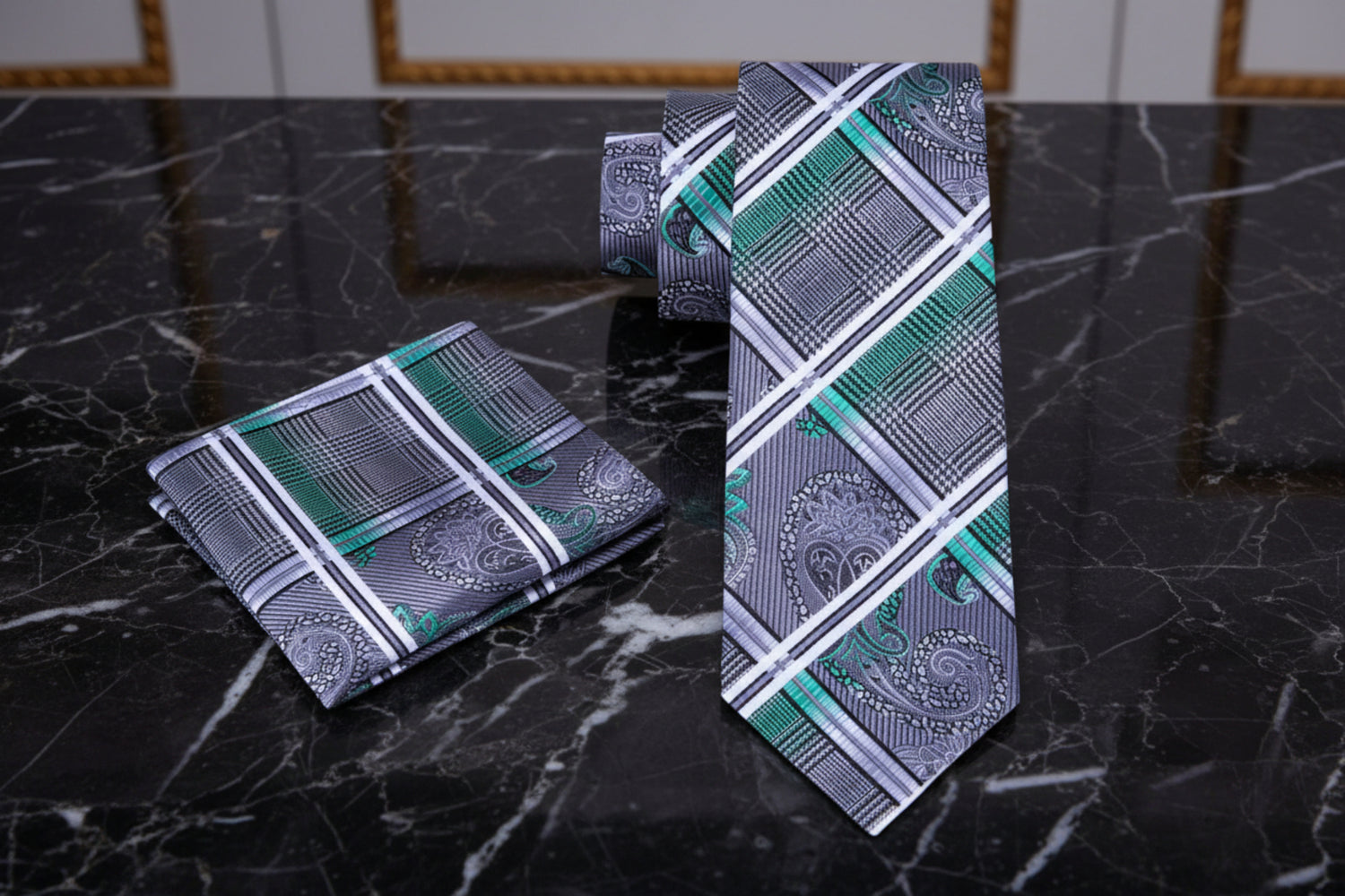 Alt View: A Green, Black, White, Grey Paisley Self Tie Necktie and Pocket Square