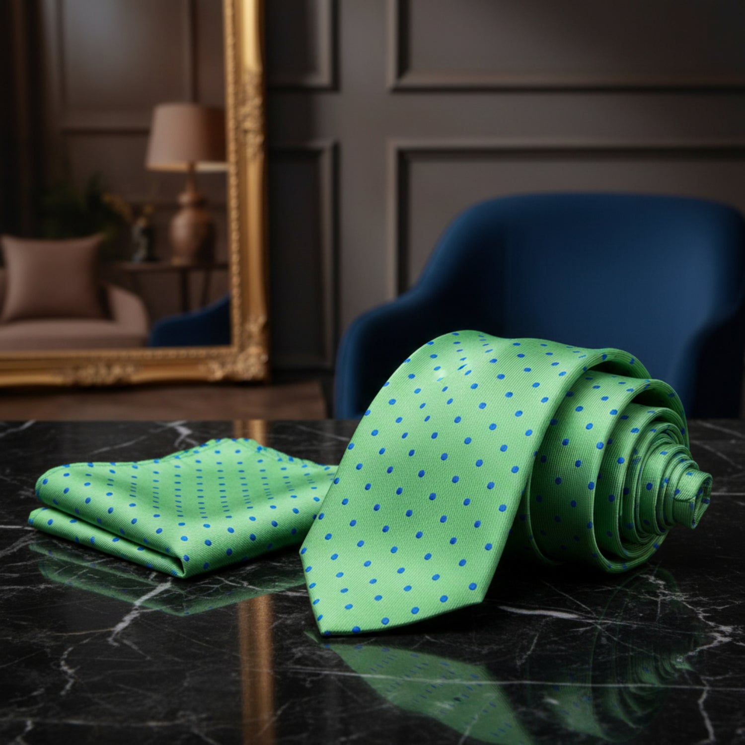 Alt View: Green with Blue Dots Tie and Pocket Square