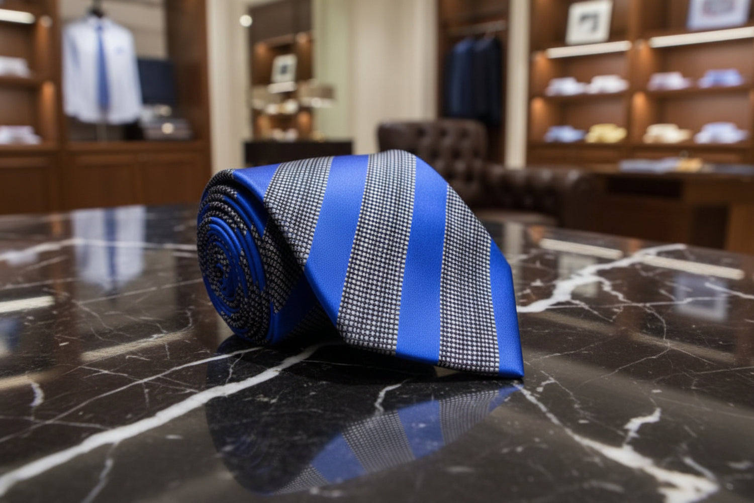 Grey, Blue Stripe Tie 