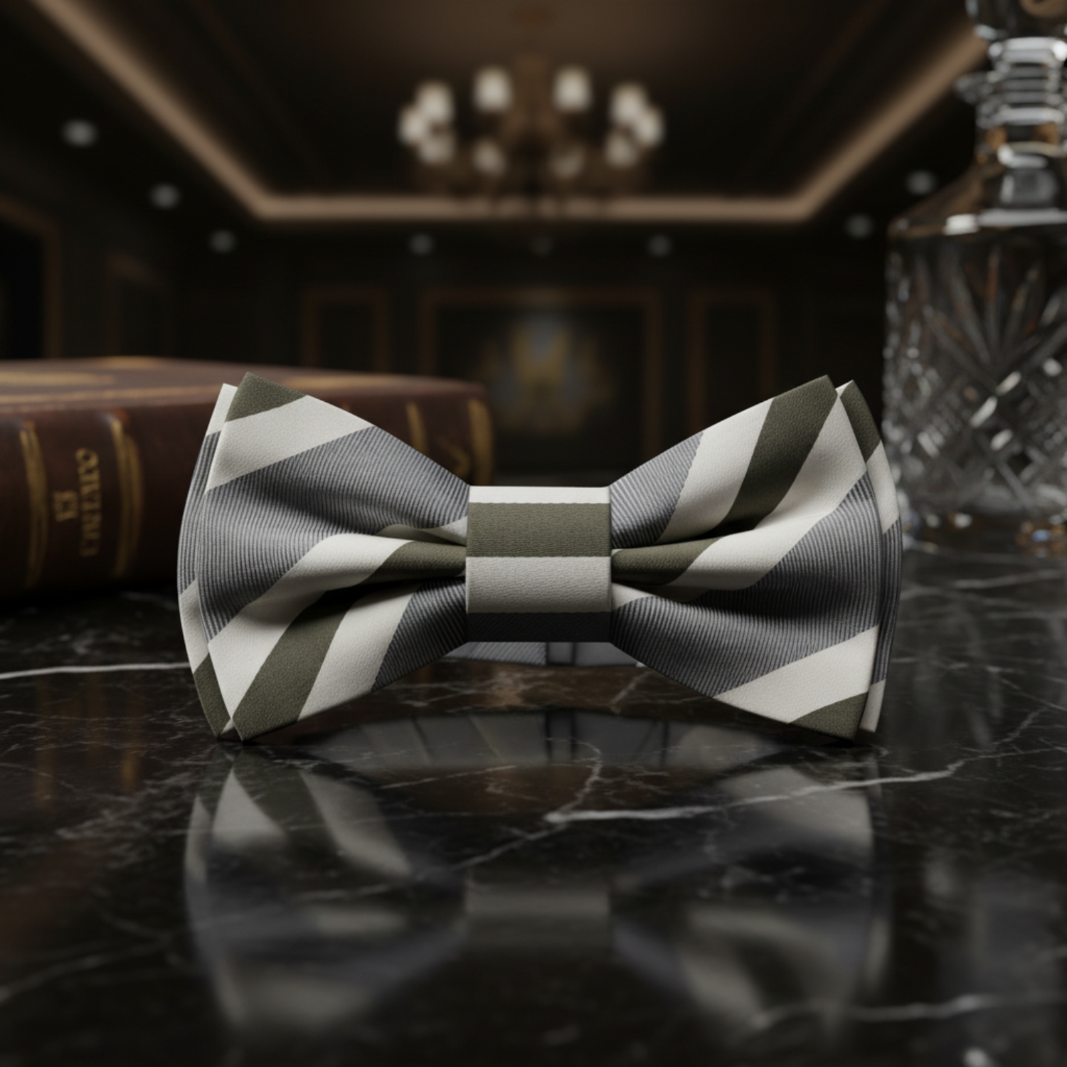White, Olive, Grey Stripe Bow Tie 