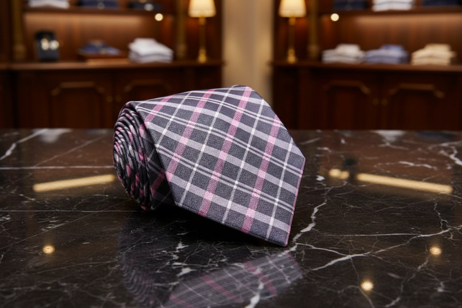 A plaid necktie with orange and blue lines lying on a stone surface with a floral background.