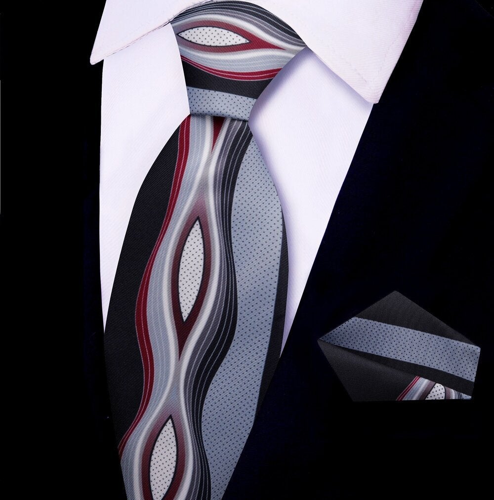 Grey, Black, Red Abstract Necktie and Square