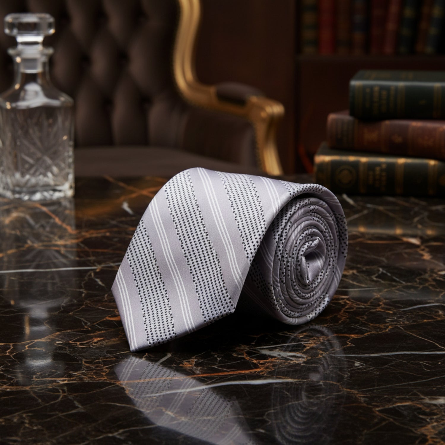 Grey, White Black Stripe with Dots Necktie  