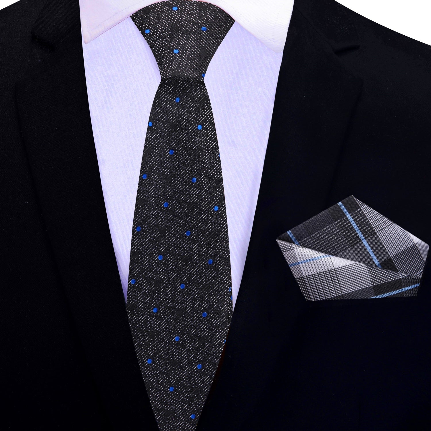 Thin Black, Grey Fog with Blue Dots Necktie and Plaid Square