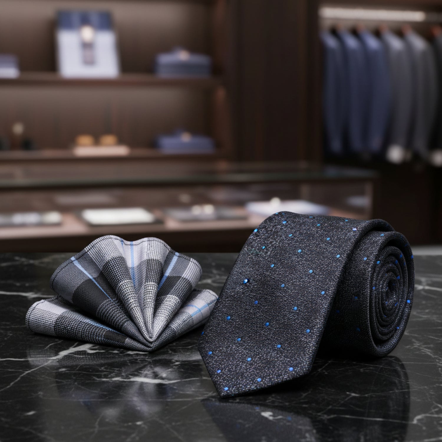 Alt View Black, Grey Fog with Blue Dots Necktie and Plaid Square