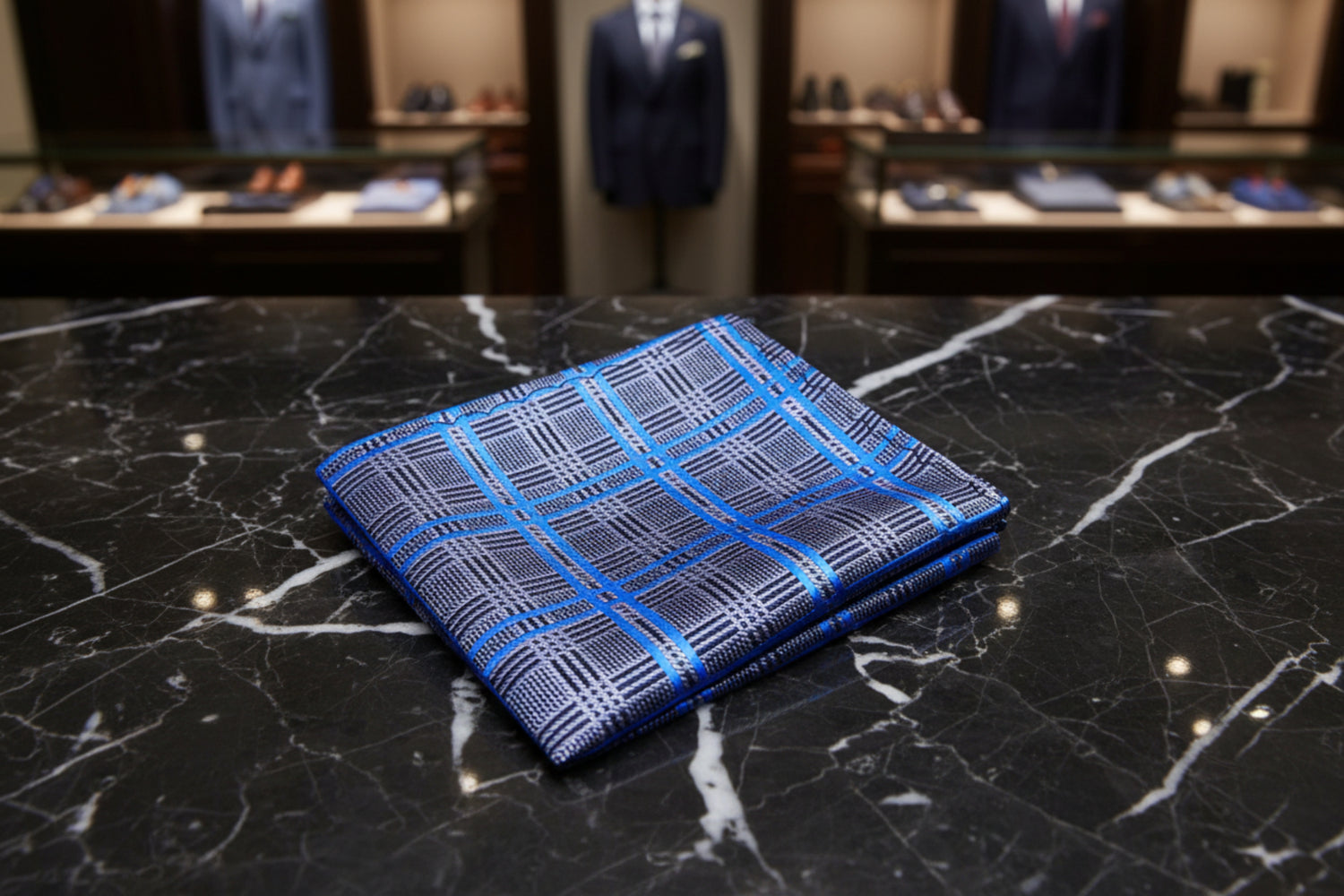 A Grey, Blue Plaid Pattern Pocket Square