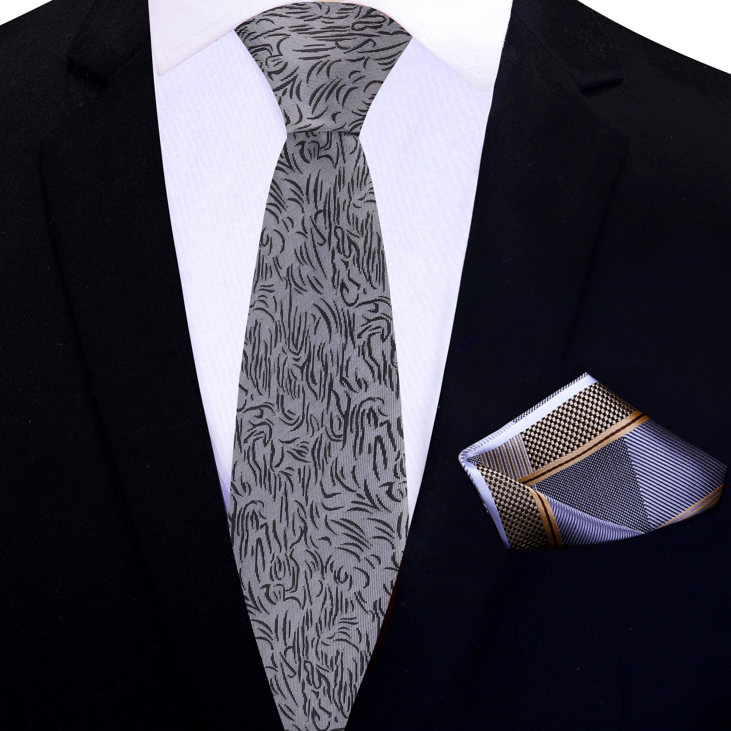 Thin Tie: Grey, Black Abstract Lines Tie and Accenting Grey, Gold Geometric Pocket Square