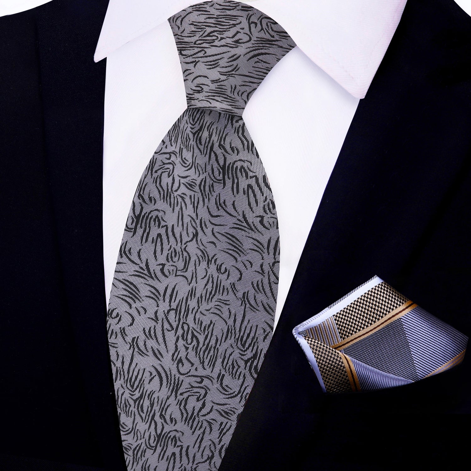 View 2: Grey, Black Abstract Lines Tie and Accenting Grey, Gold Geometric Pocket Square