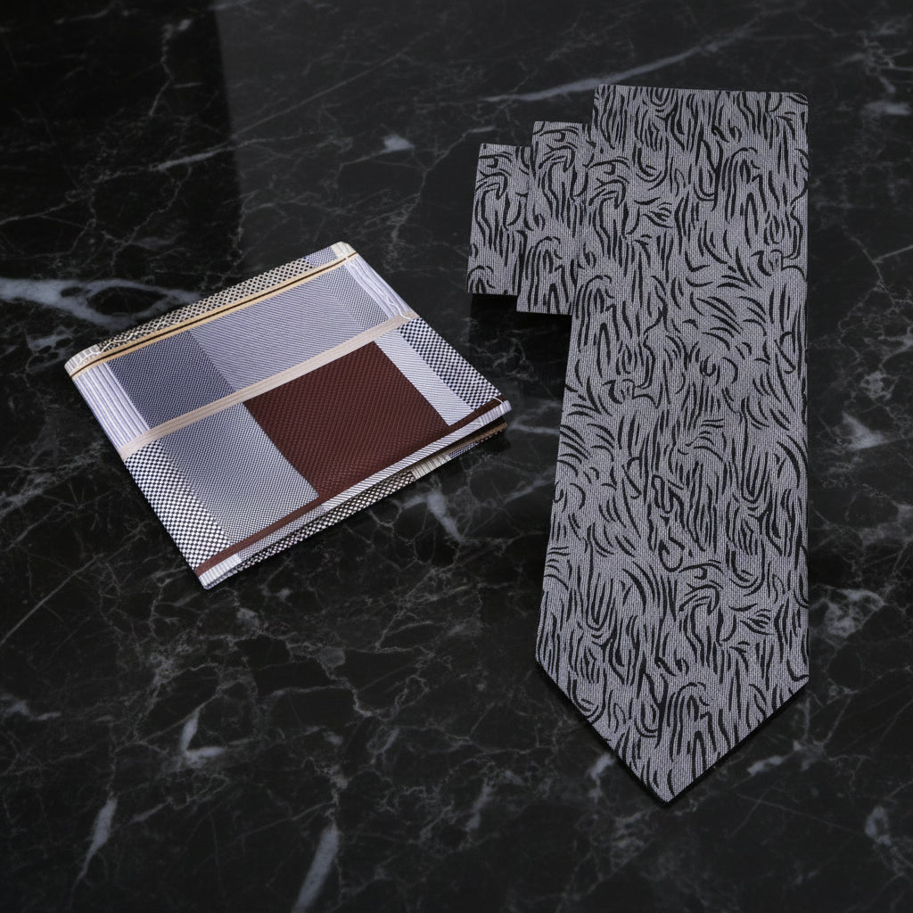 Alt View: Grey, Black Abstract Lines Tie and Accenting Grey, Gold Geometric Pocket Square