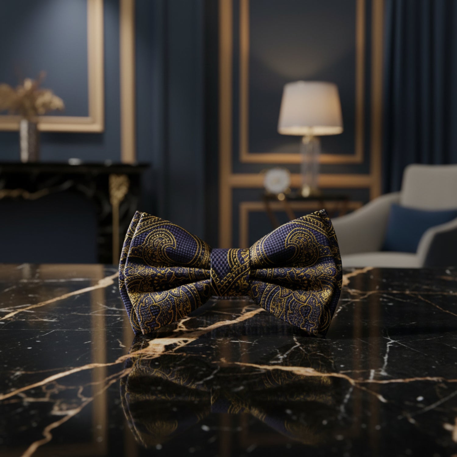 Grey, Gold Paisley Bow Tie pre Tied