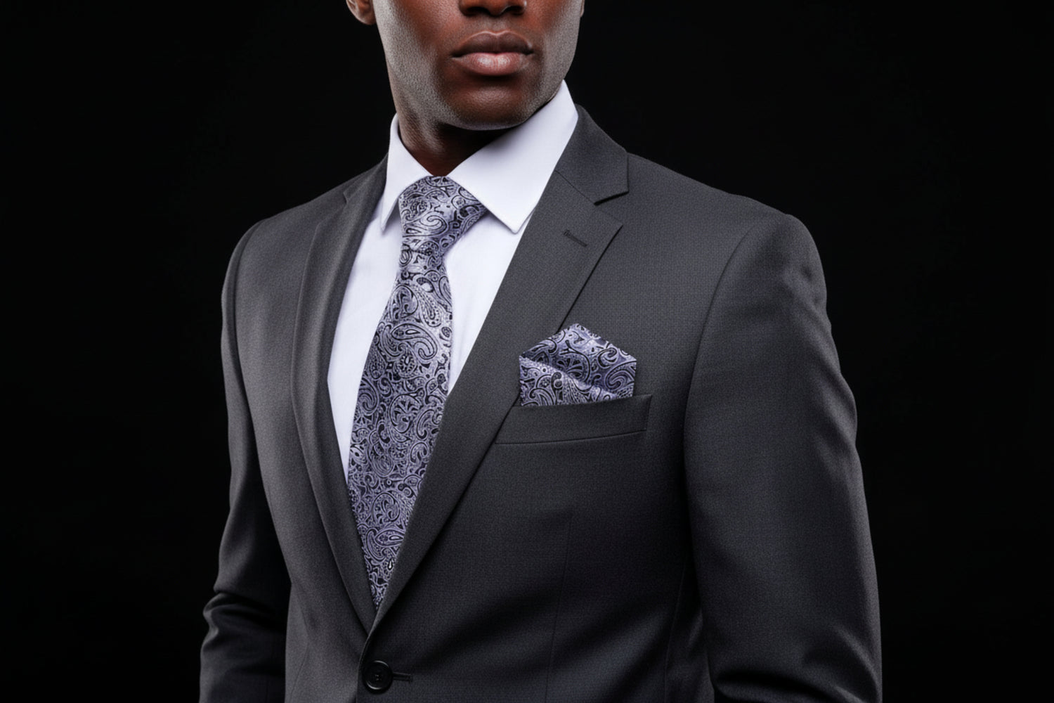 A Black, Grey Paisley Pattern Silk Necktie, Matching Pocket Square