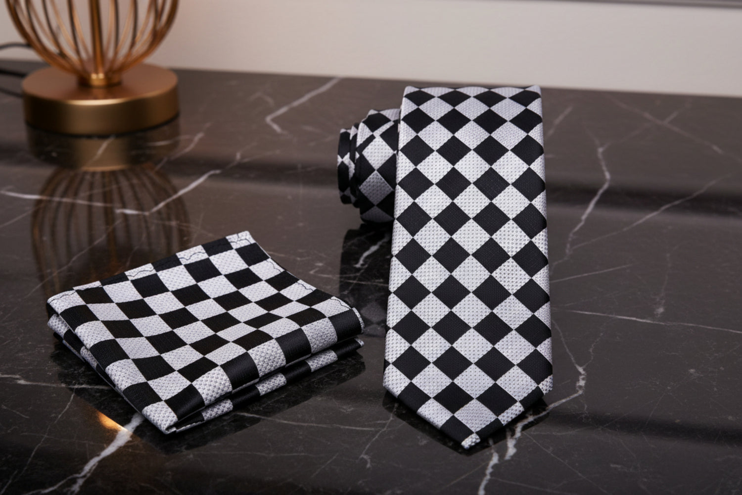 Alt View: Silver, Black Check Tie and Pocket Square