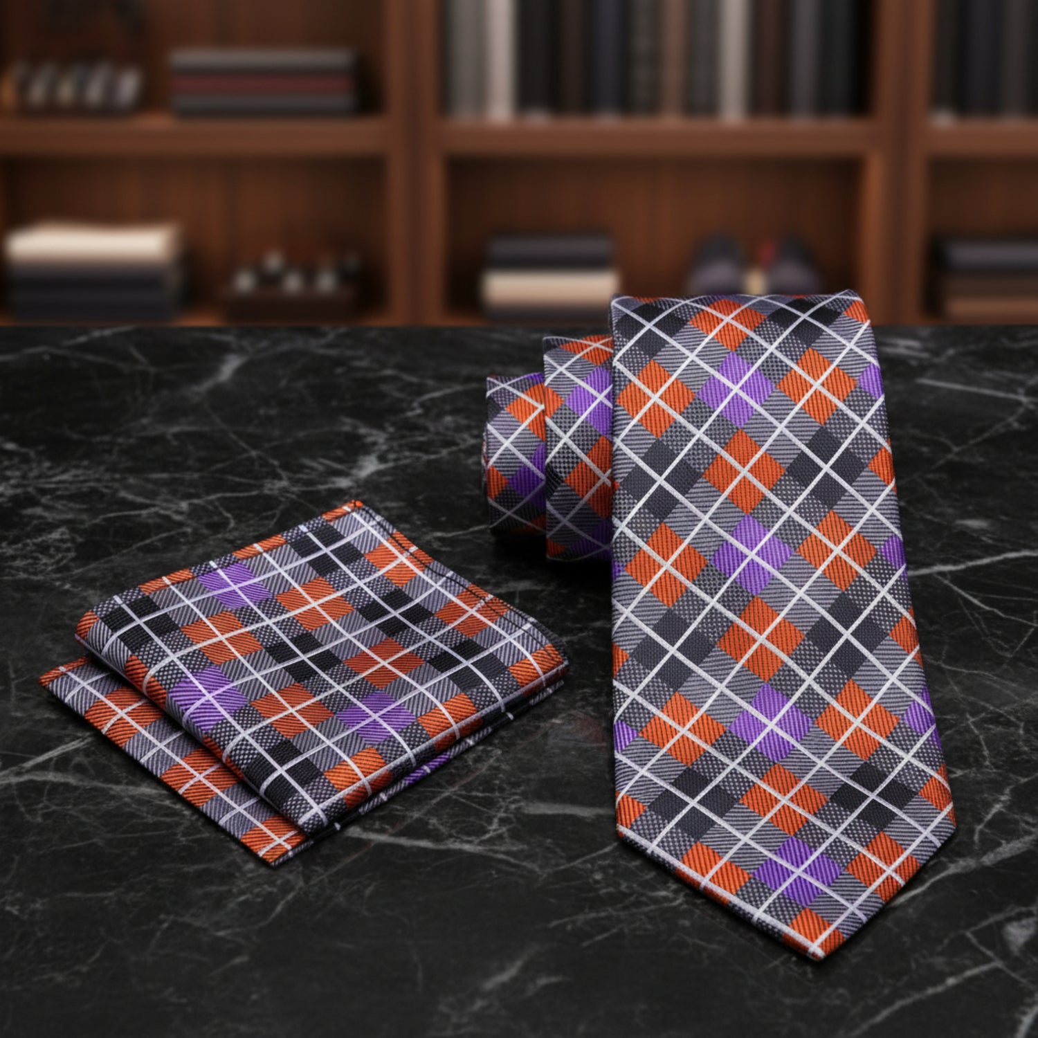 Alt View: A Orange, Purple, Black, Grey Geometric Argyle Pattern Necktie, Matching Pocket Square