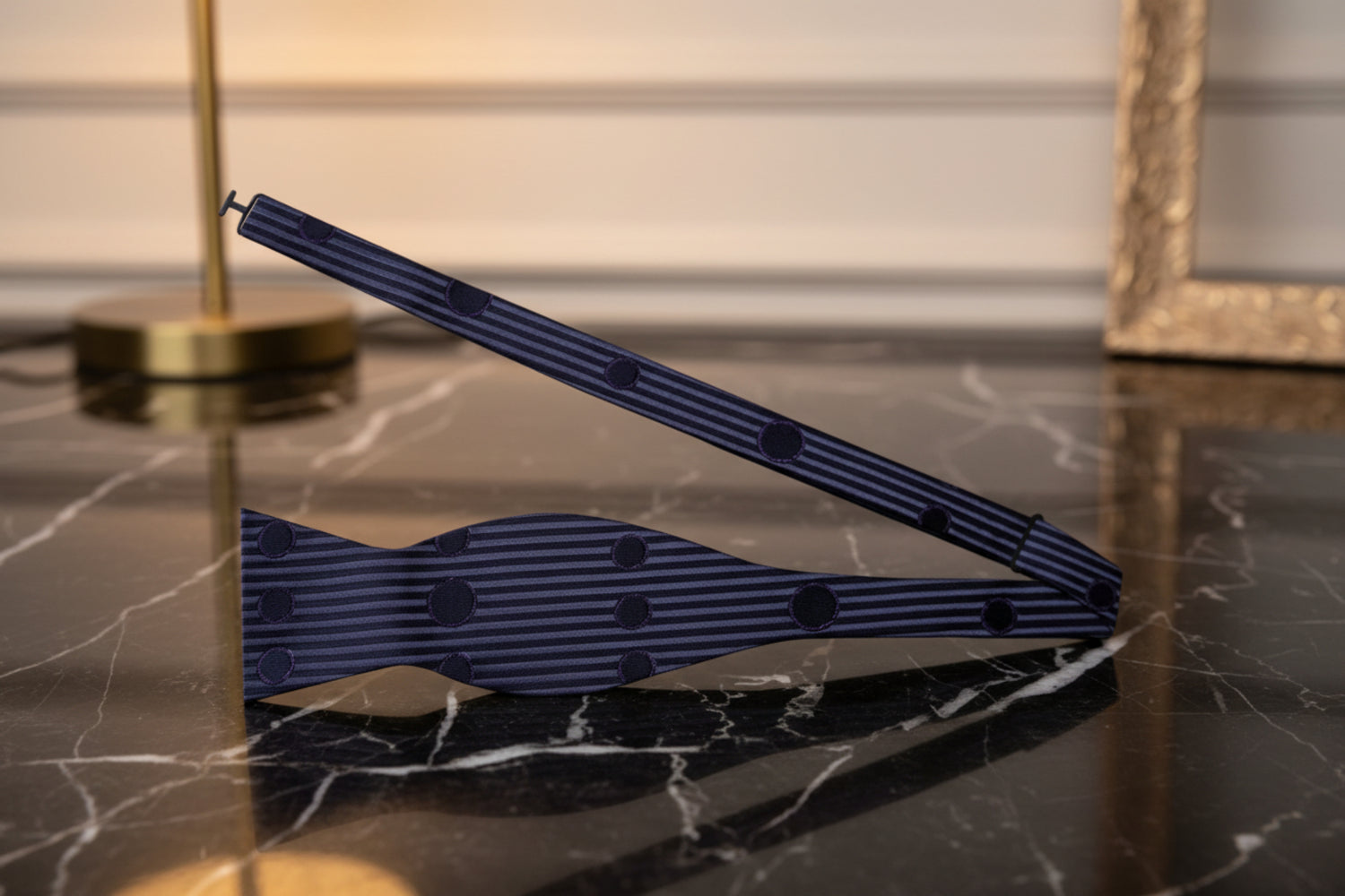 A Black, Grey, Metallic Purple Abstract Lines and Circles Pattern  Self Tie Bow Tie Untied