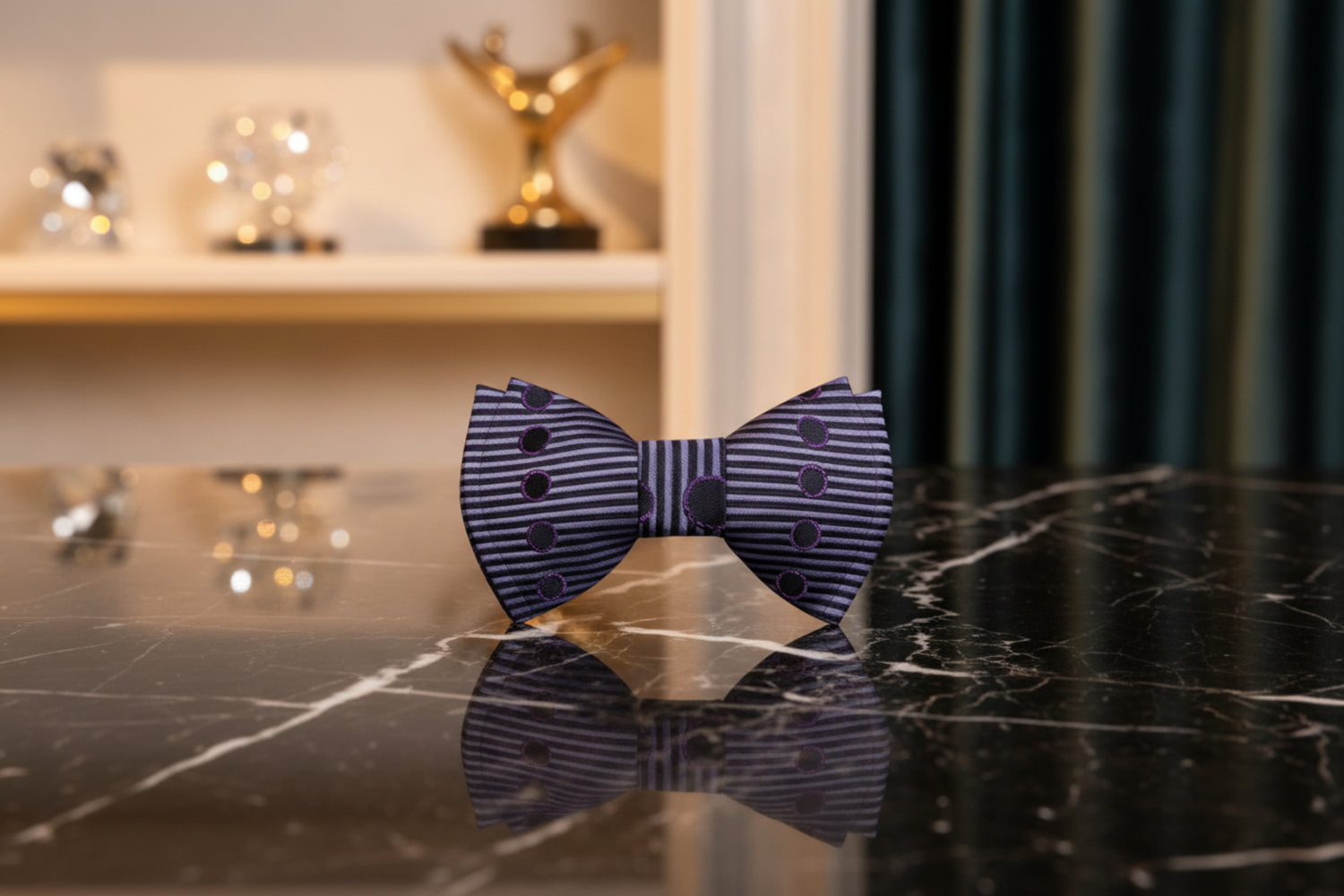 A Black, Grey, Metallic Purple Abstract Lines and Circles Pattern Self Tie Bow Tie 