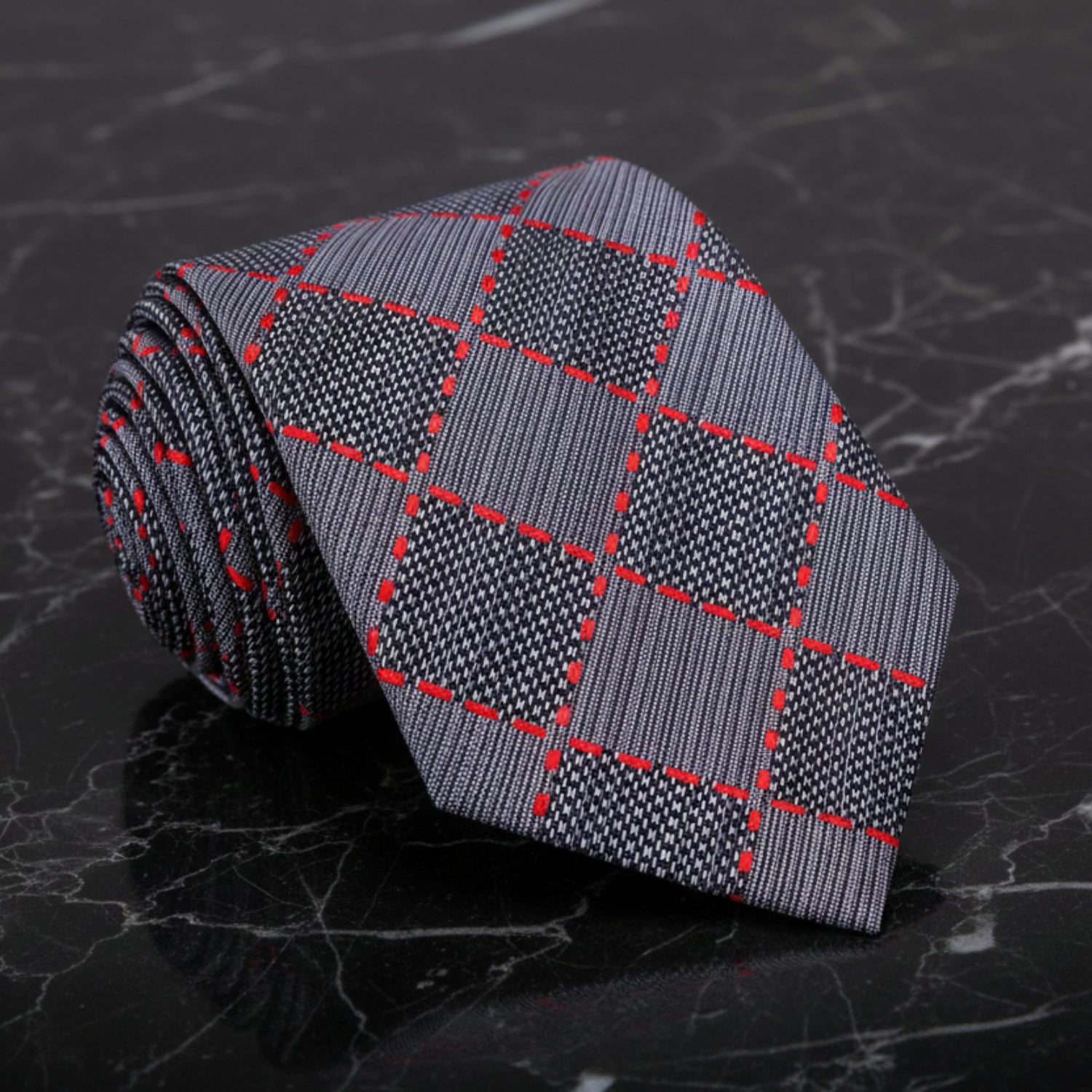 Grey, Red and Black Plaid/Abstract Tie 