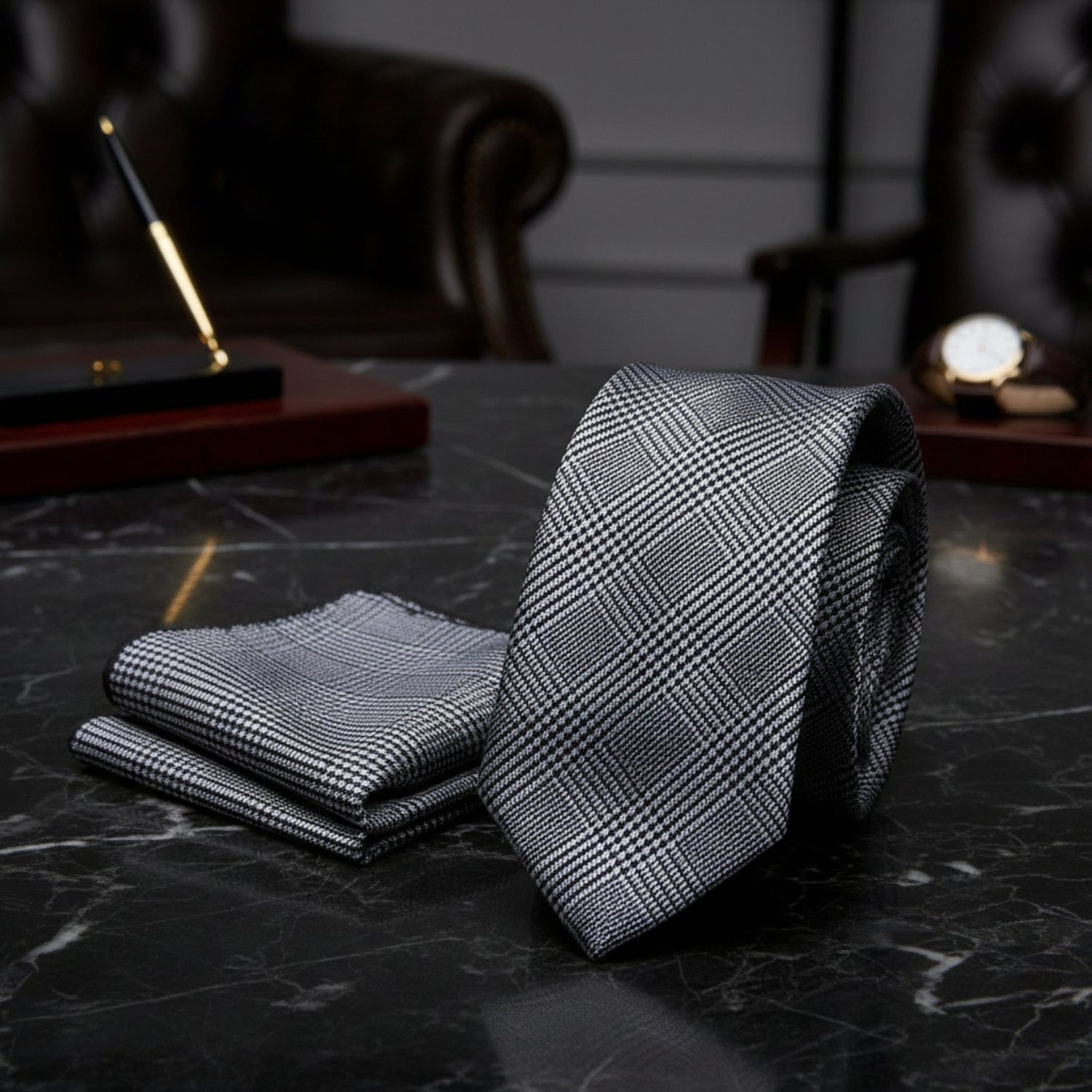 Alt View: Grey and Black Geometric Tie and Pocket Square