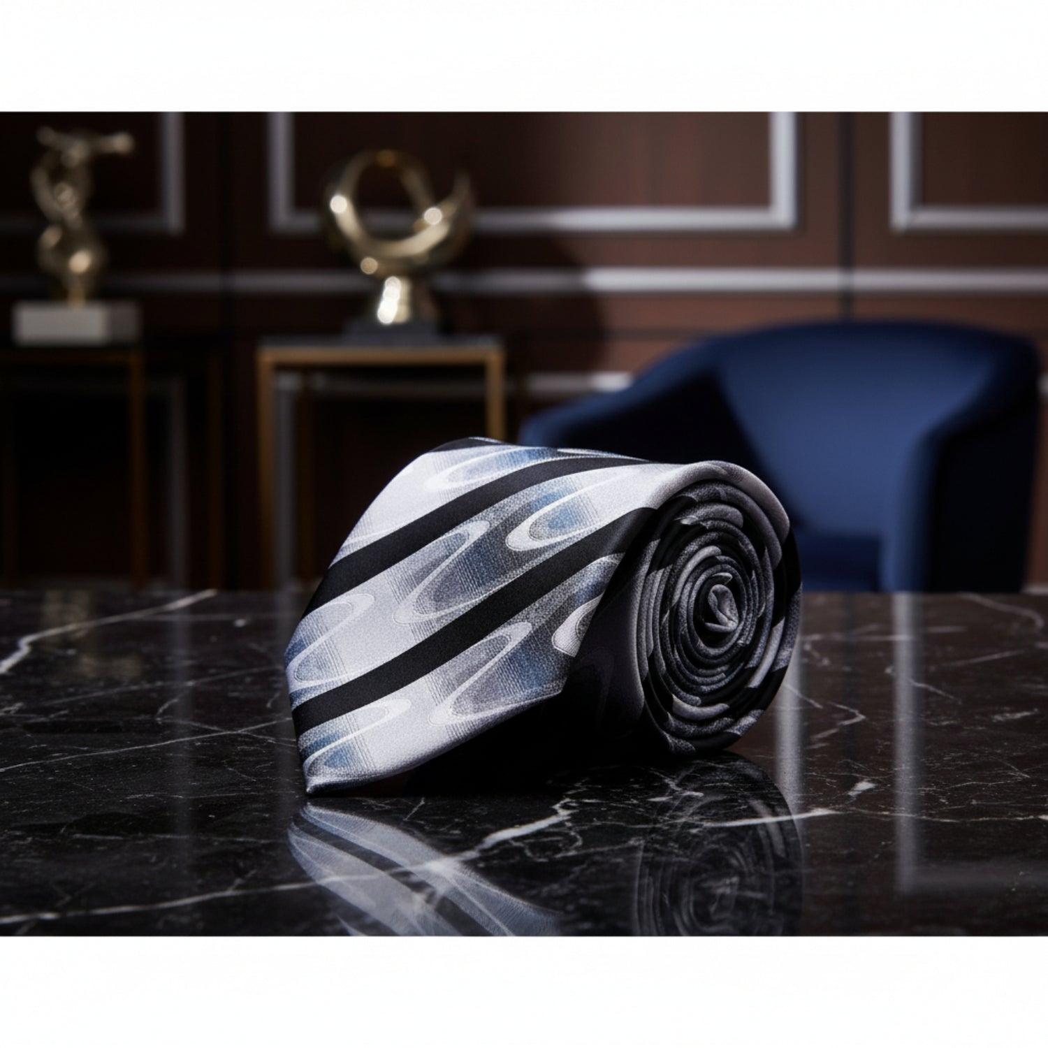 A Black, White, Grey With Abstract Wave And Black Stripe Pattern necktie 