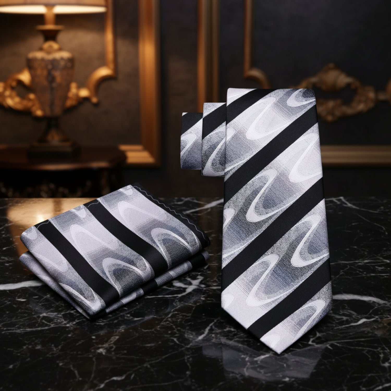 Alt View; A Black, White, Grey With Abstract Wave And Black Stripe Pattern Necktie, Pocket Square