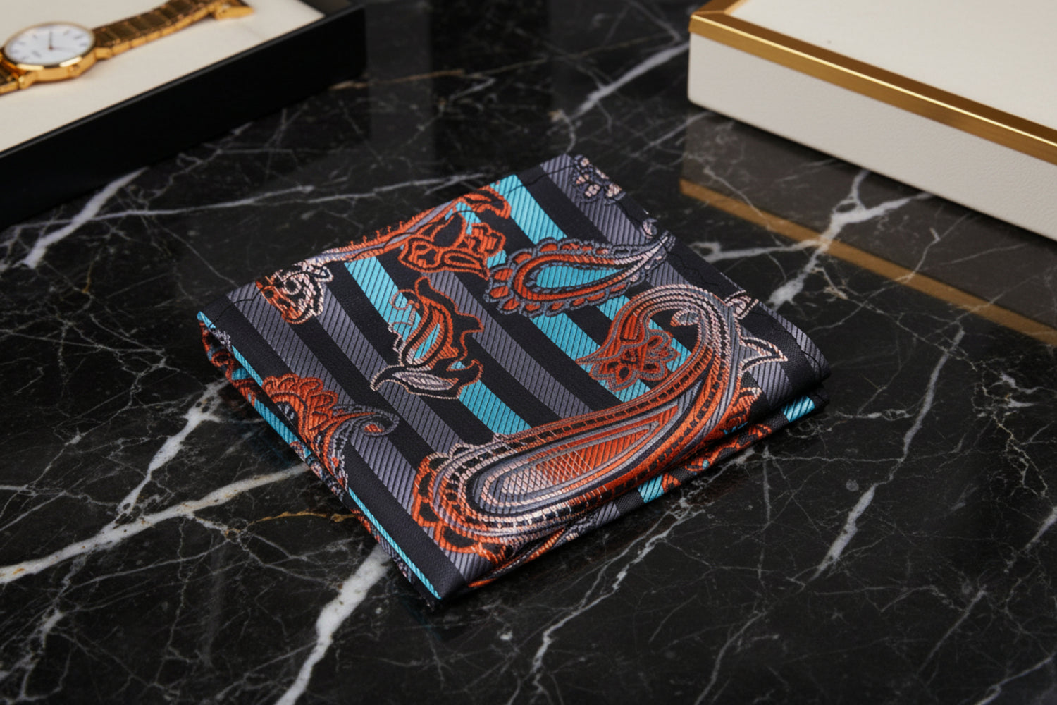 Aqua, Orange Stripe Paisley Pattern Pocket Square