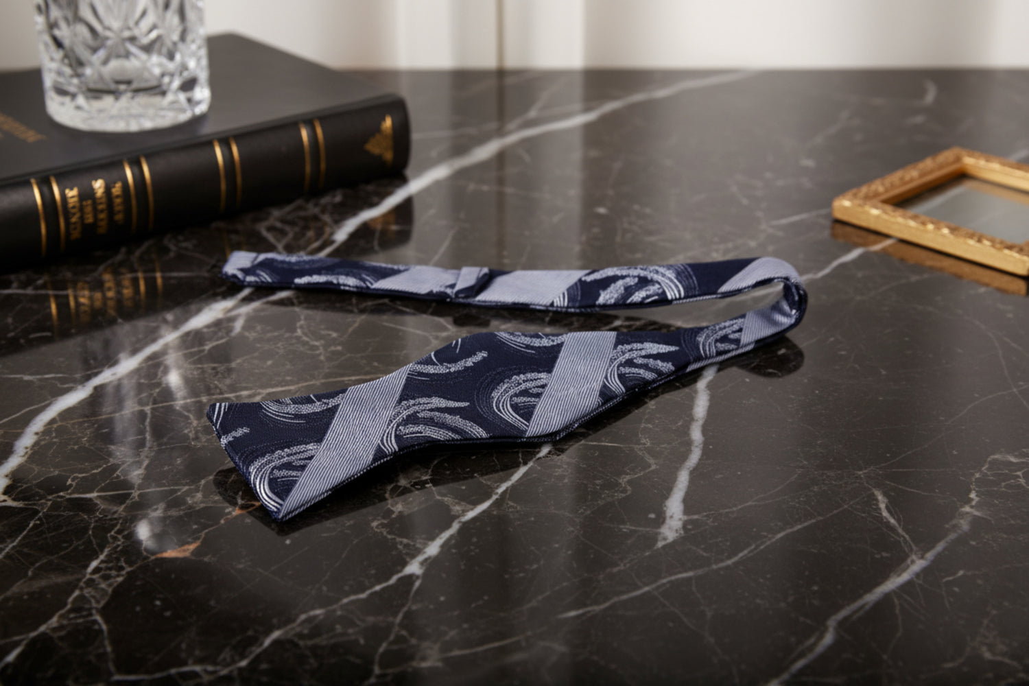 Grey Abstract Swirl with Thick Stripe Pattern Silk Self Tie Bow Tie Untied
