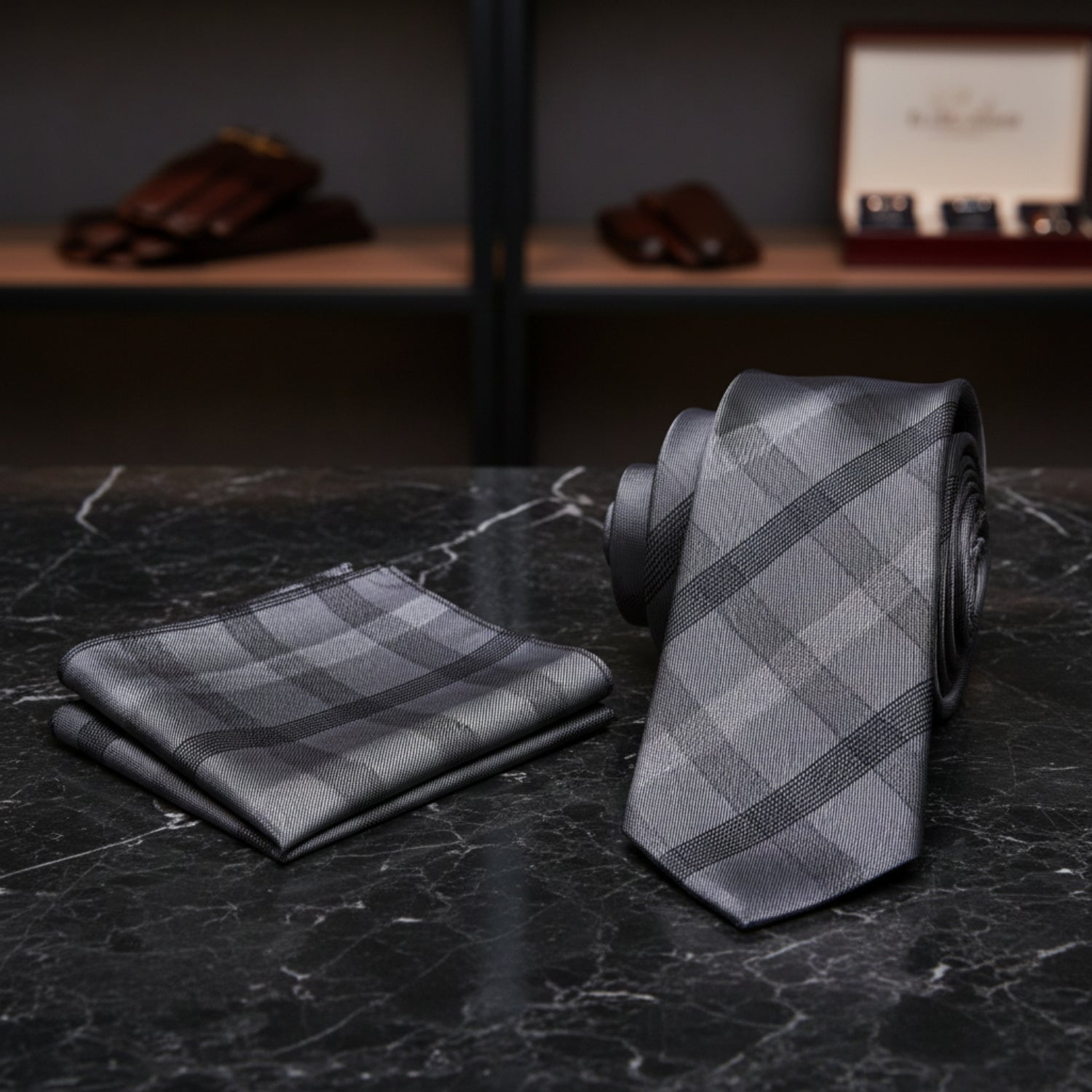 Alt View; A Grey, Black, White Plaid Pattern Silk Necktie, Matching Pocket Square