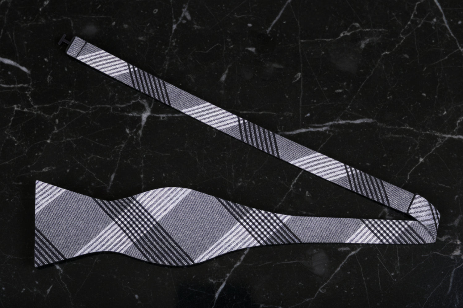 Untied View: A Grey, Black, White Plaid Pattern Self Tie Bow Tie