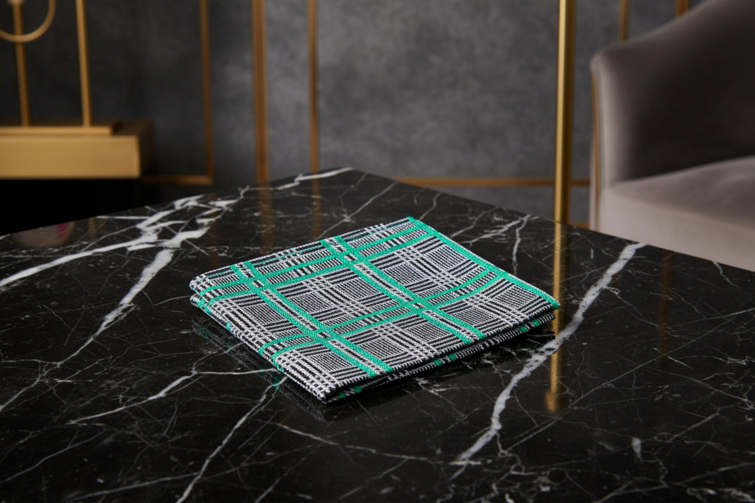 A Grey, Green Plaid Pattern Pocket Square