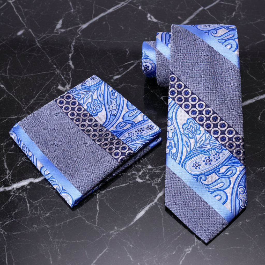 Alt view: Blue Grey Abstract Paisley Tie and Pocket Square