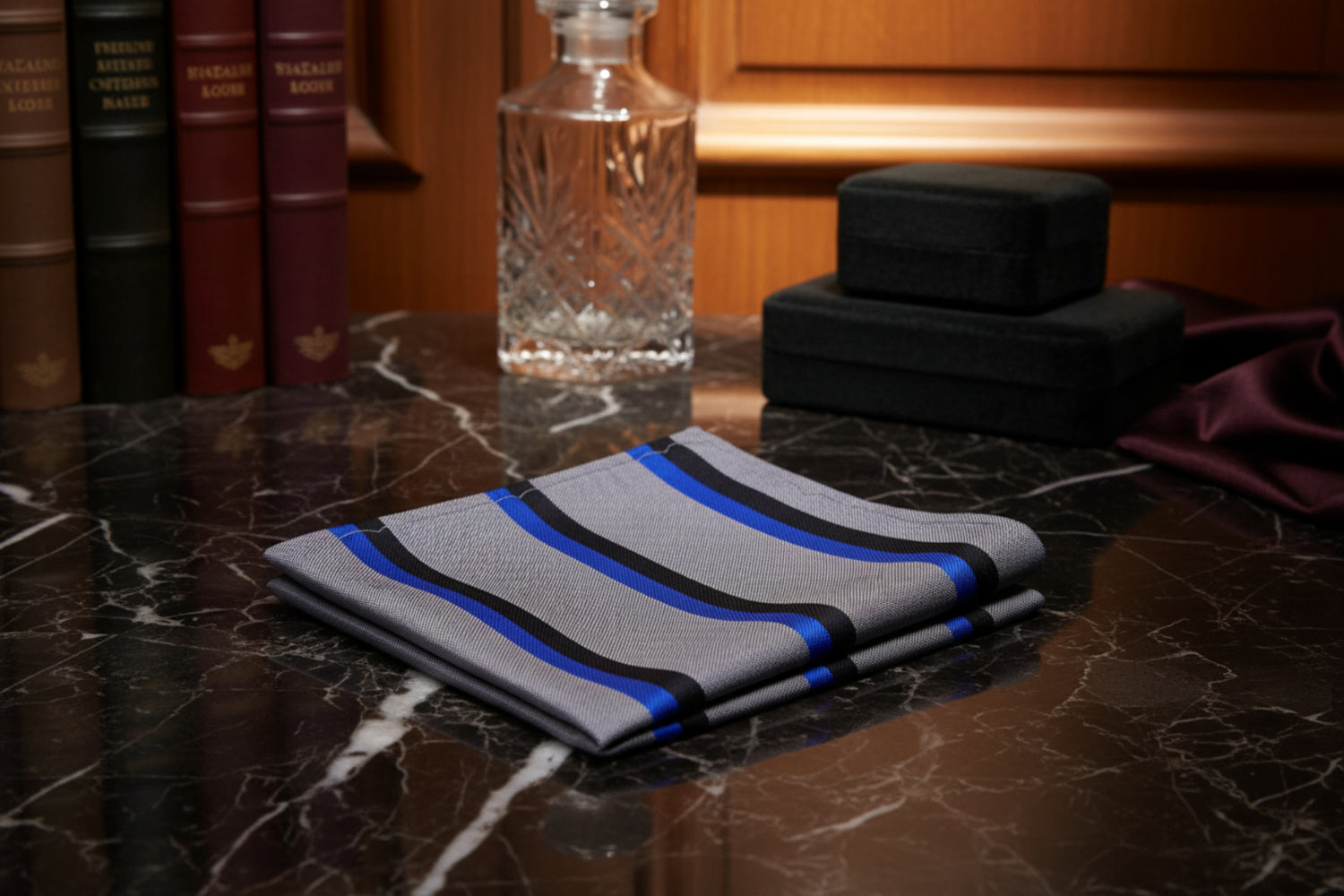 Grey, Blue, Black Imperial Stripe Pocket Square