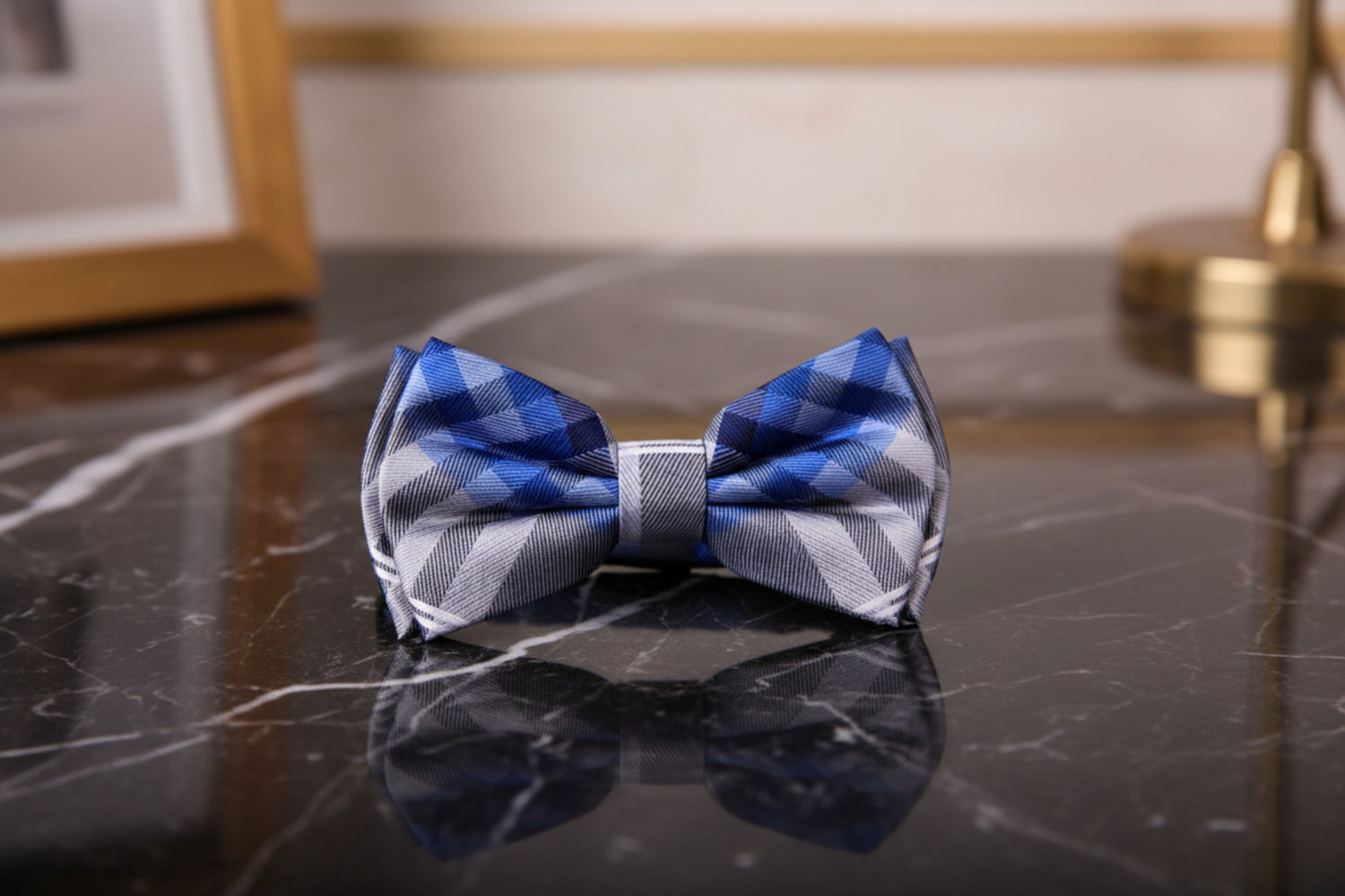 A Grey, Blue, Black, White, Plaid Pattern Self Tie Bow Tie 