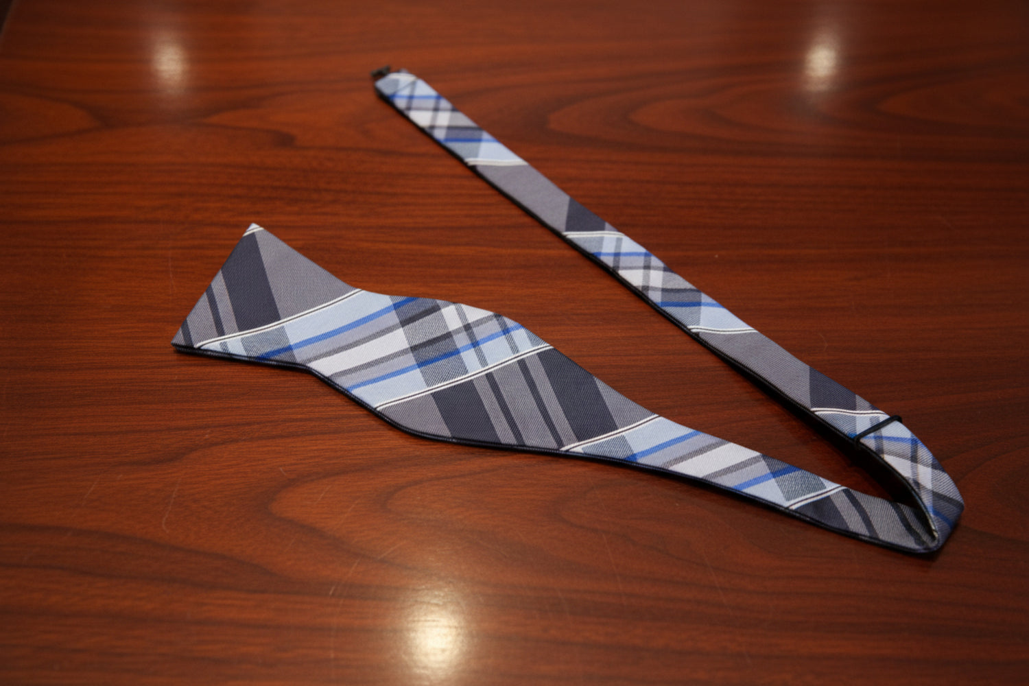 Grey, White, Light Blue Plaid Bow Tie Untied