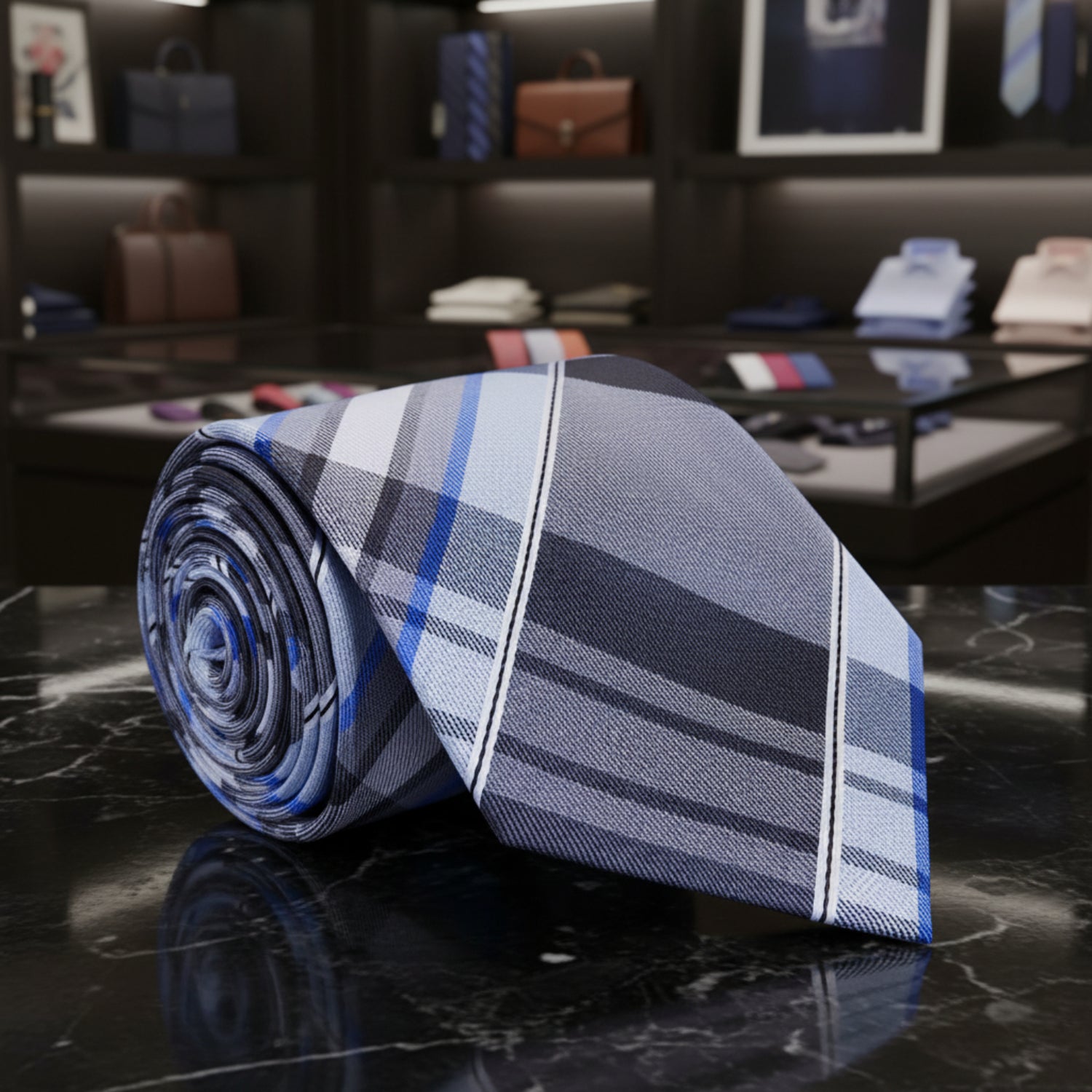 A Grey, Light Blue, White Plaid Pattern  Necktie 